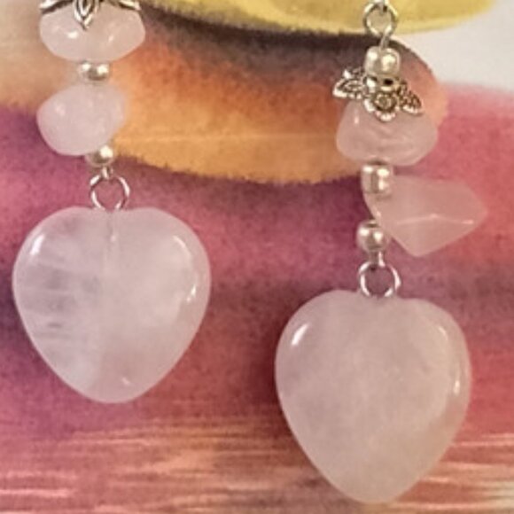 ROSE QUARTZ EARRINGS, HEARTS, SILVERY BALI STYLE ACCENTS - Picture 3 of 7